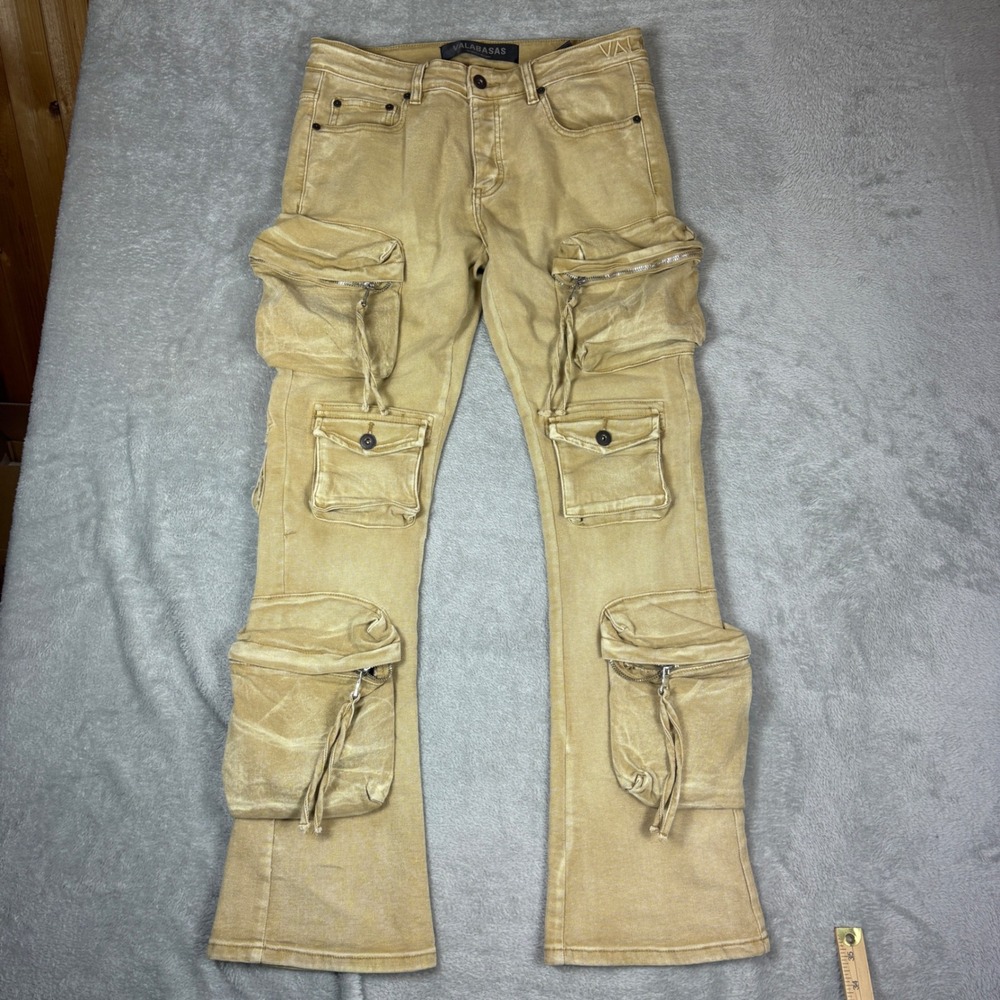 Valabasas Pants Mens 32 Flare Stacked Cargo Sand Stretch Streetwear Gorpcore
